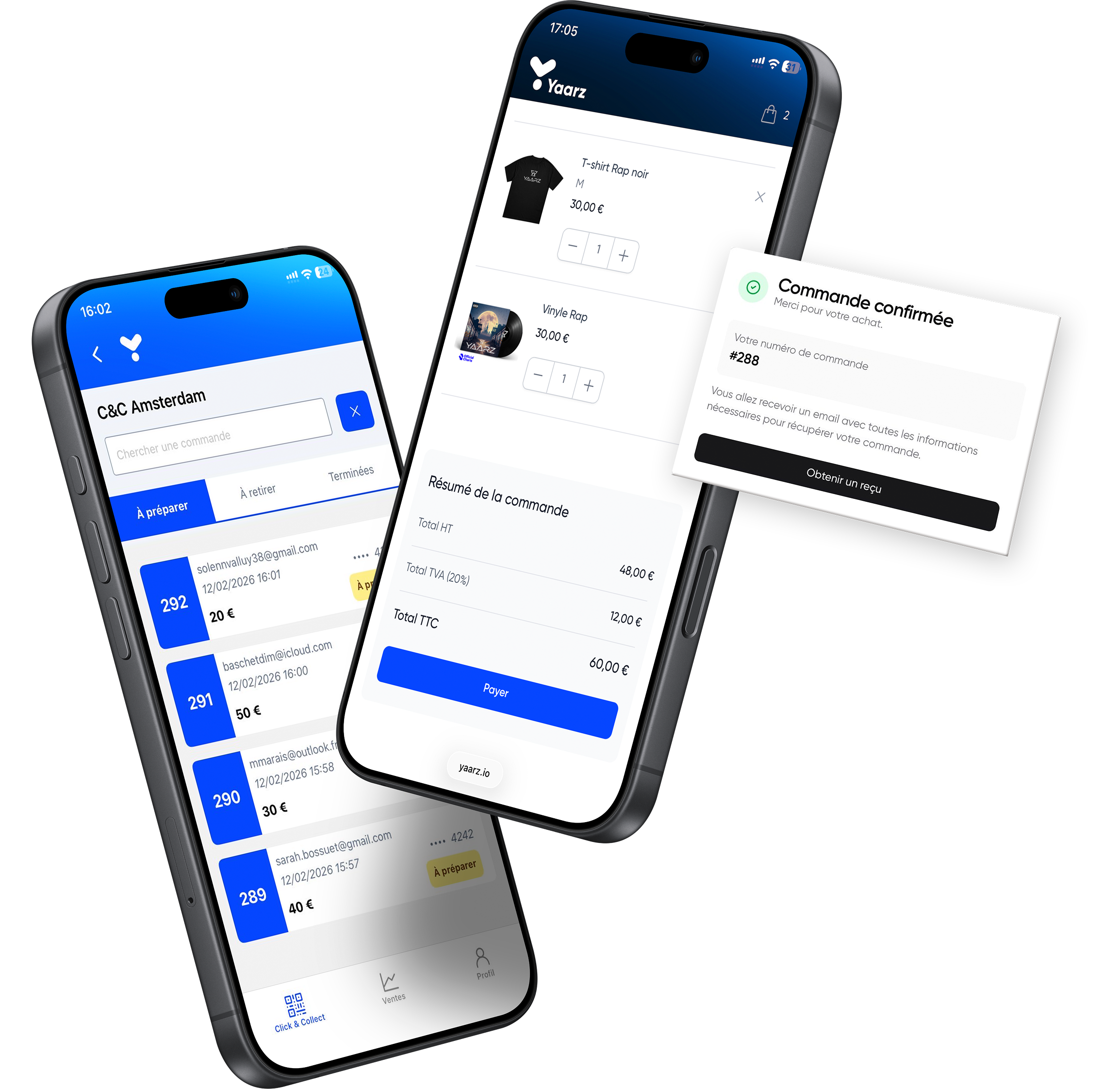 Un téléphone portable montrant le shop click & collect et un téléphone portable montrant toutes les commandes click & collect dans l'application Yaarz