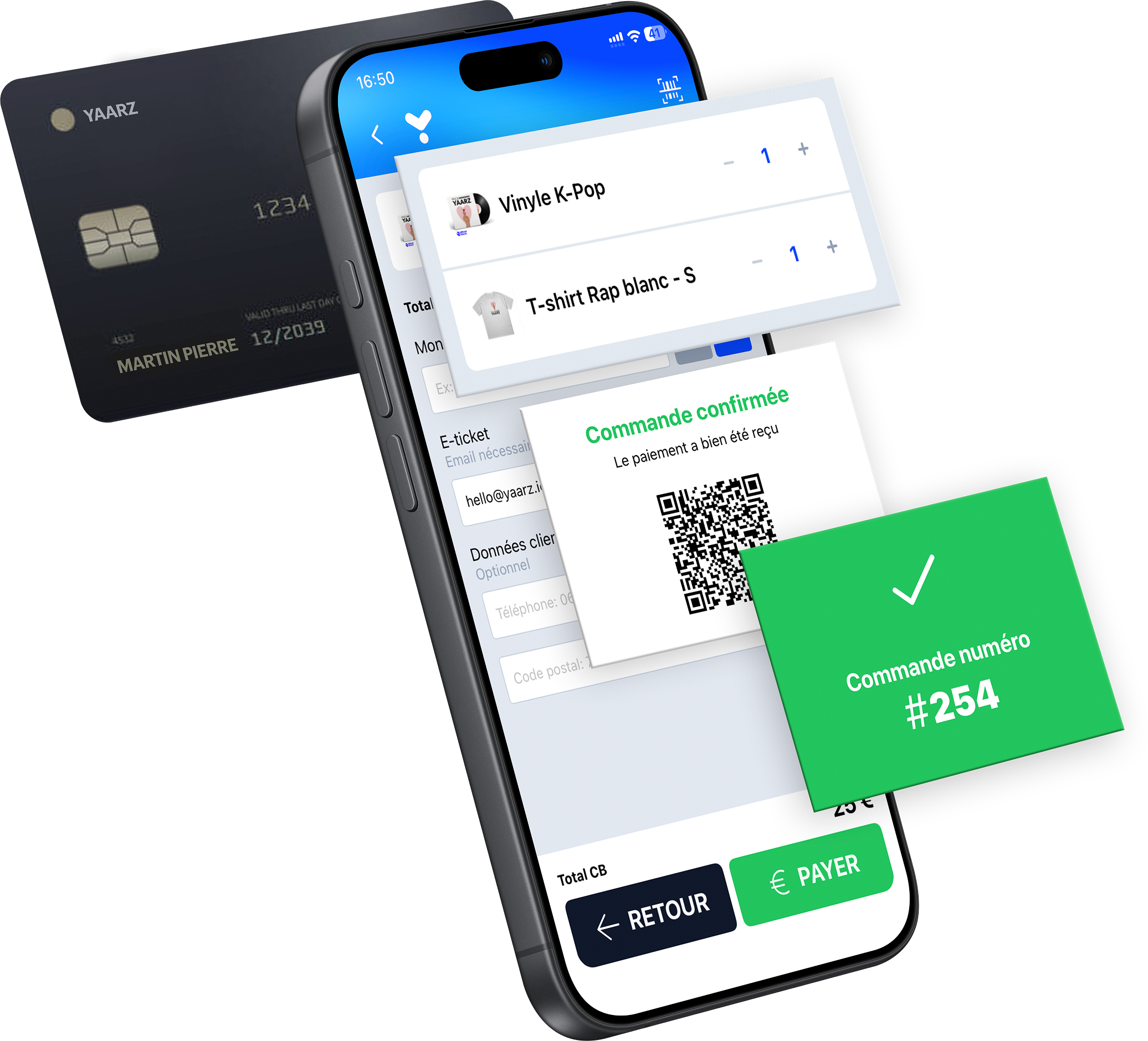 Un téléphone montrant l'application Yaarz pendant une création de commande